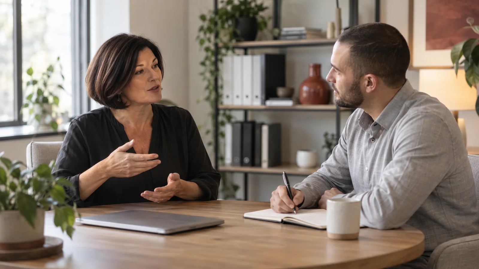An illustrative business owner explaining her customer process while an implementation specialist listens and takes notes.