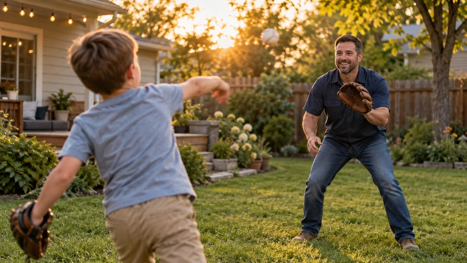 Illustrative business owner playing catch with their child in a backyard after work.