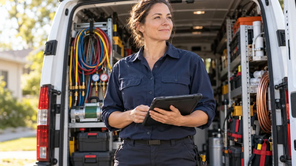 Illustrative HVAC business owner with a tablet beside an organized service van.
