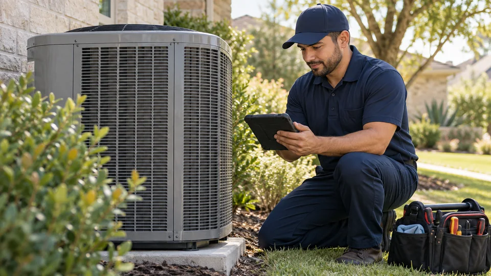 Illustrative HVAC technician reviewing a tablet beside an outdoor condenser.