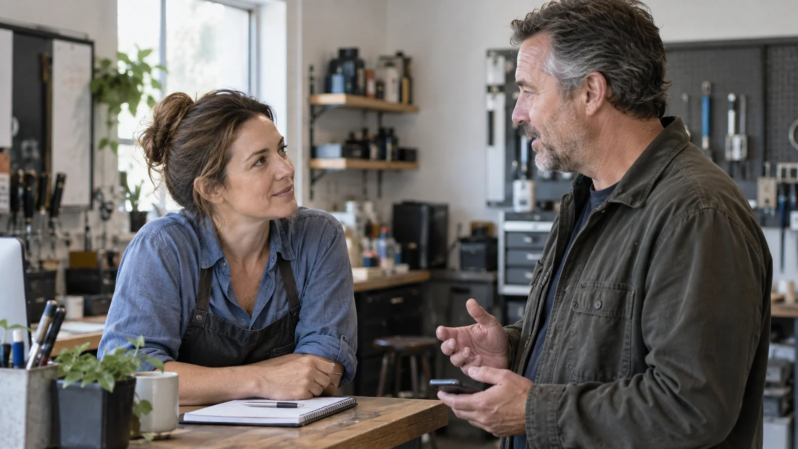 A business owner listening closely to a prospective customer.