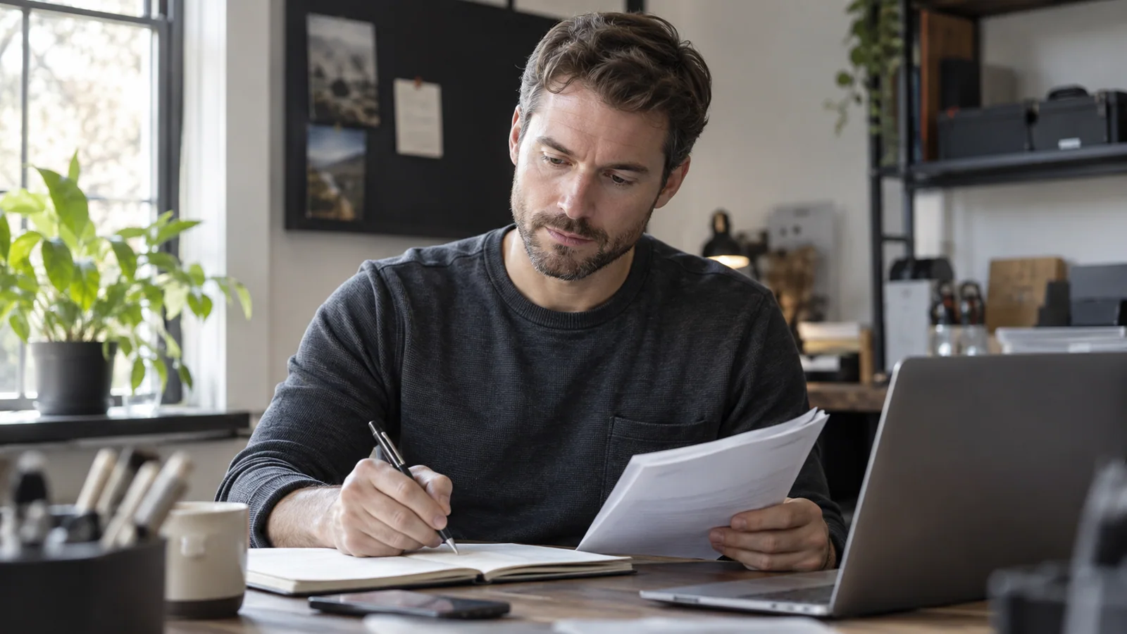 A business owner reading a guide and making notes about his process.