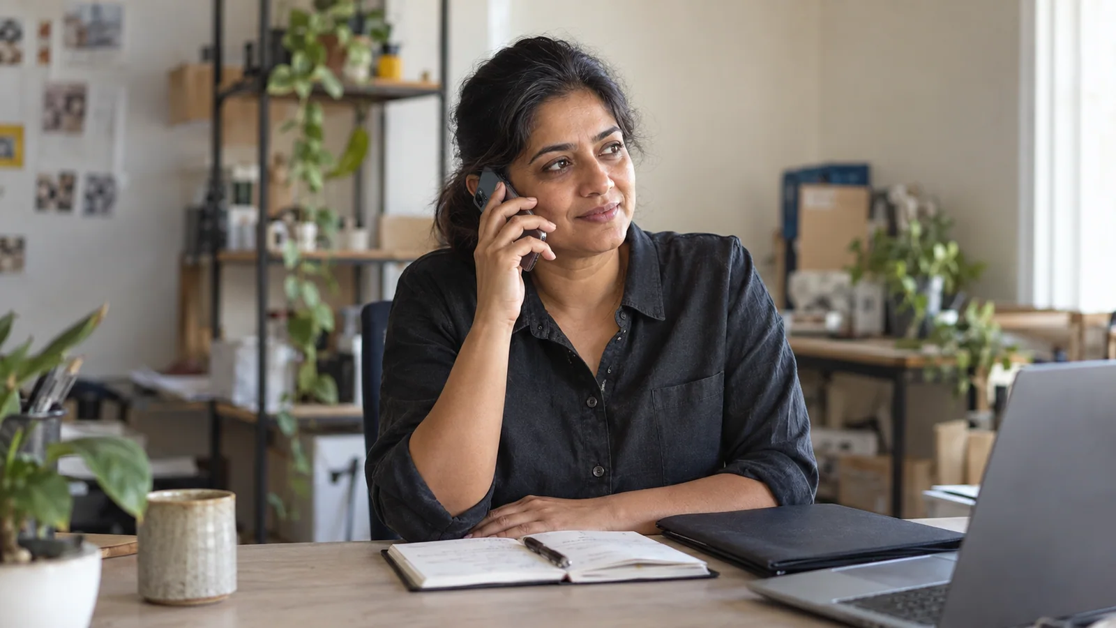 An illustrative business owner listening attentively to a customer on the phone.
