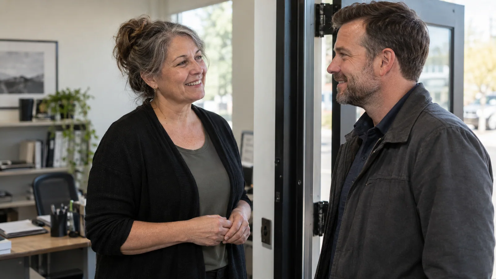 A business owner greeting a returning customer with recognition.