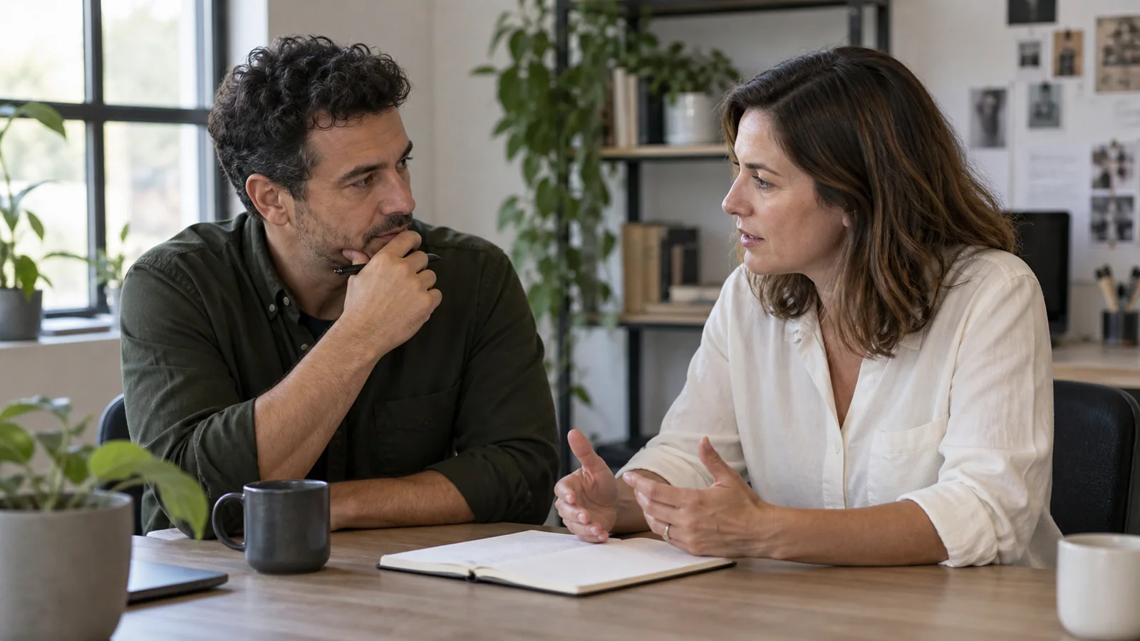 A business owner and specialist discussing the priorities for a project.