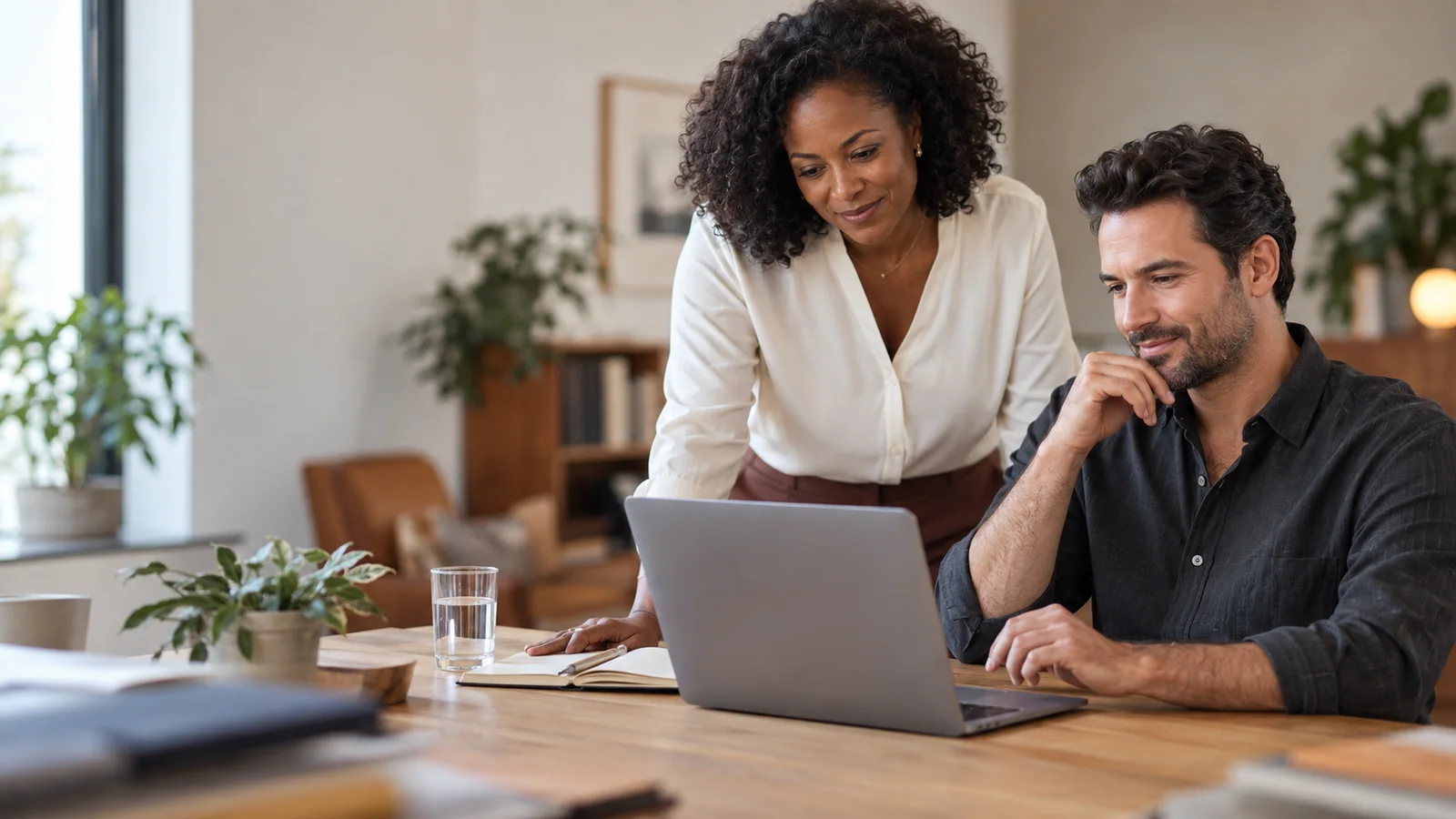 An illustrative business owner and colleague reviewing the next steps for their customers.