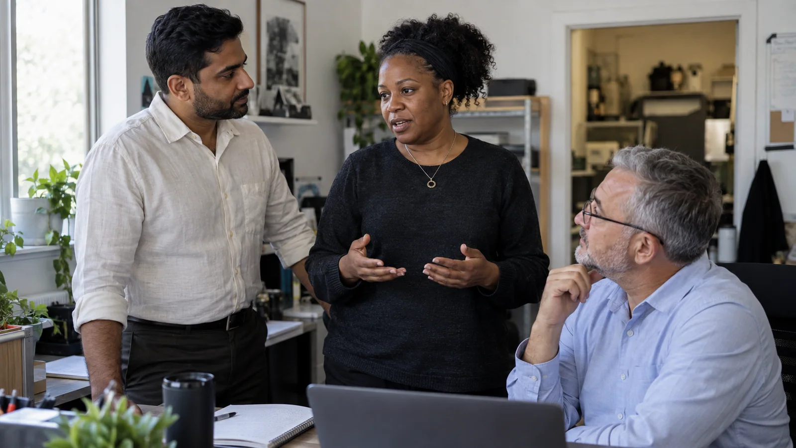 Three colleagues sharing the context for the next customer conversation.