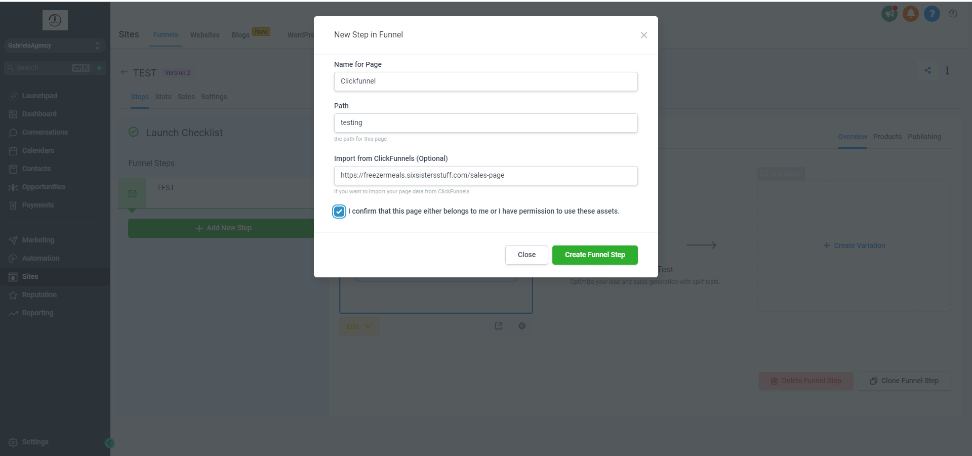 Create Funnel Step Details Screenshot of the 'Create Funnel Step' pop-up, with fields for name, path, and ClickFunnels URL