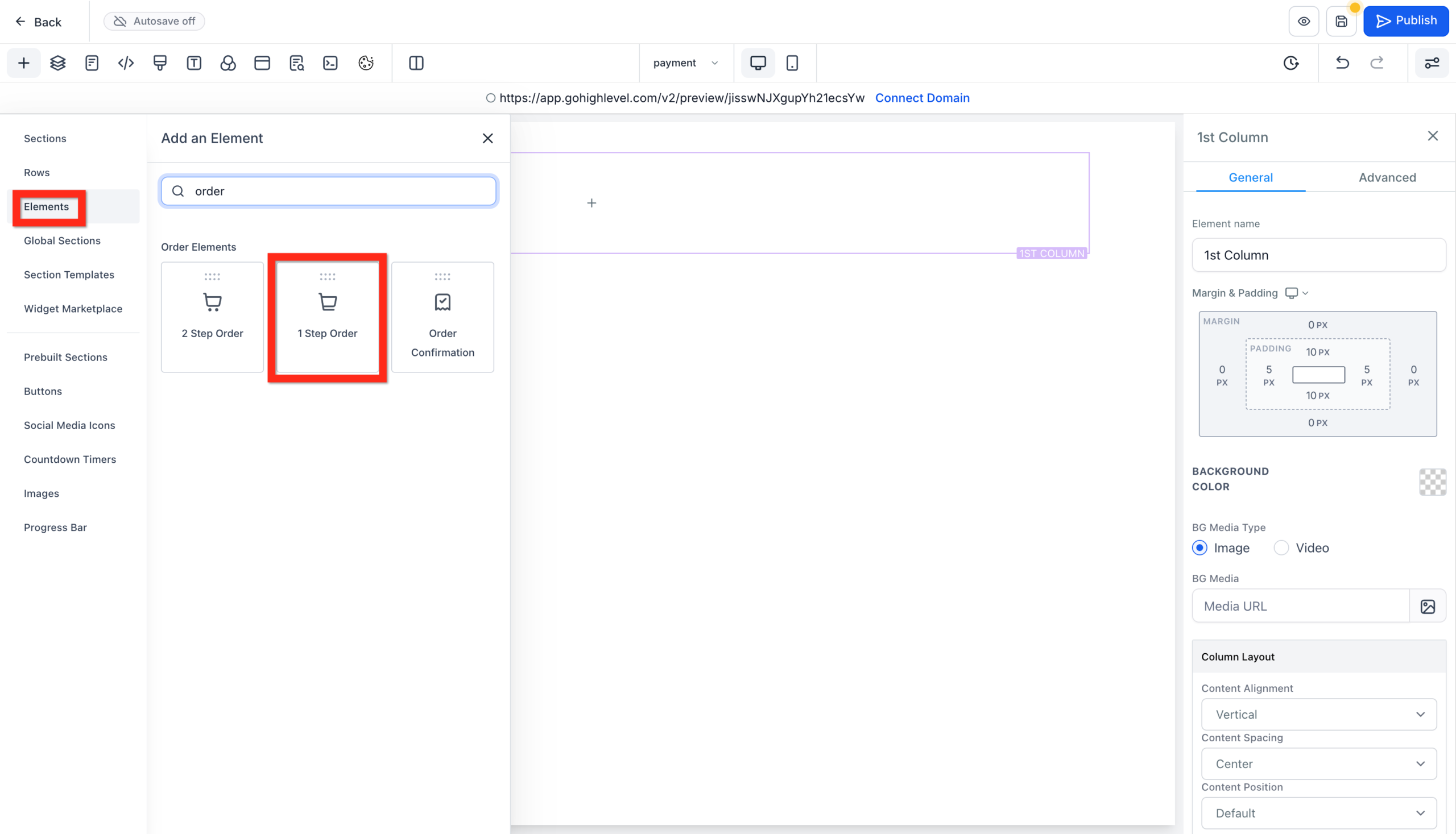 Screenshot of the GoHighLevel page editor, showing the 'Order Form' element being added to a page, allowing selection of one-step or two-step forms.