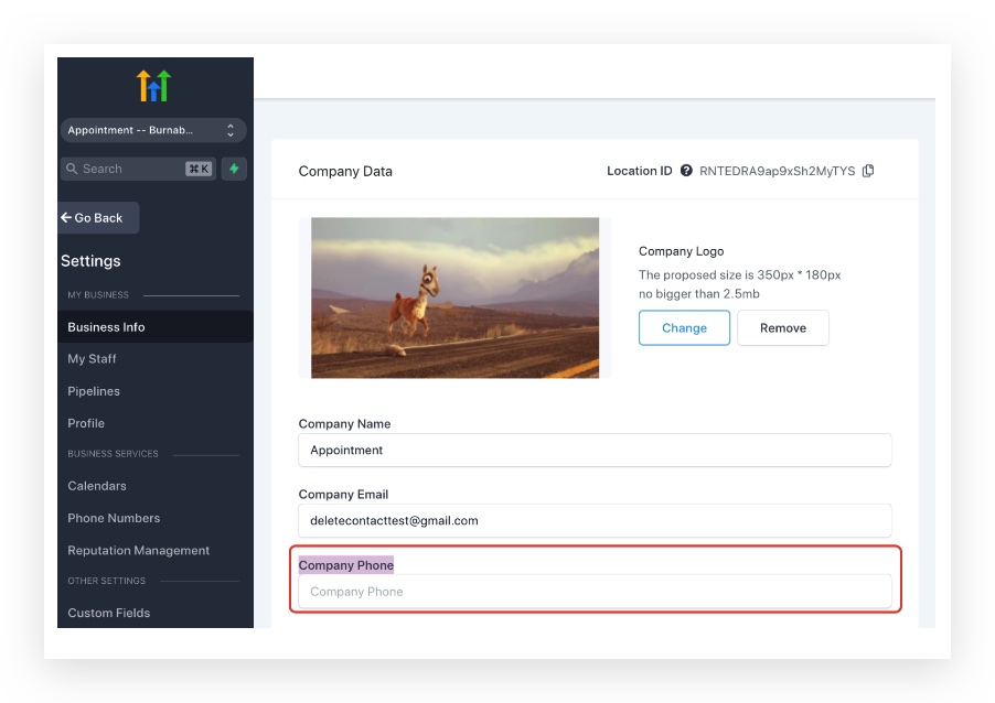 Screenshot showing the 'Company Phone' field within GoHighLevel Business Information settings, where a fallback number might be configured.