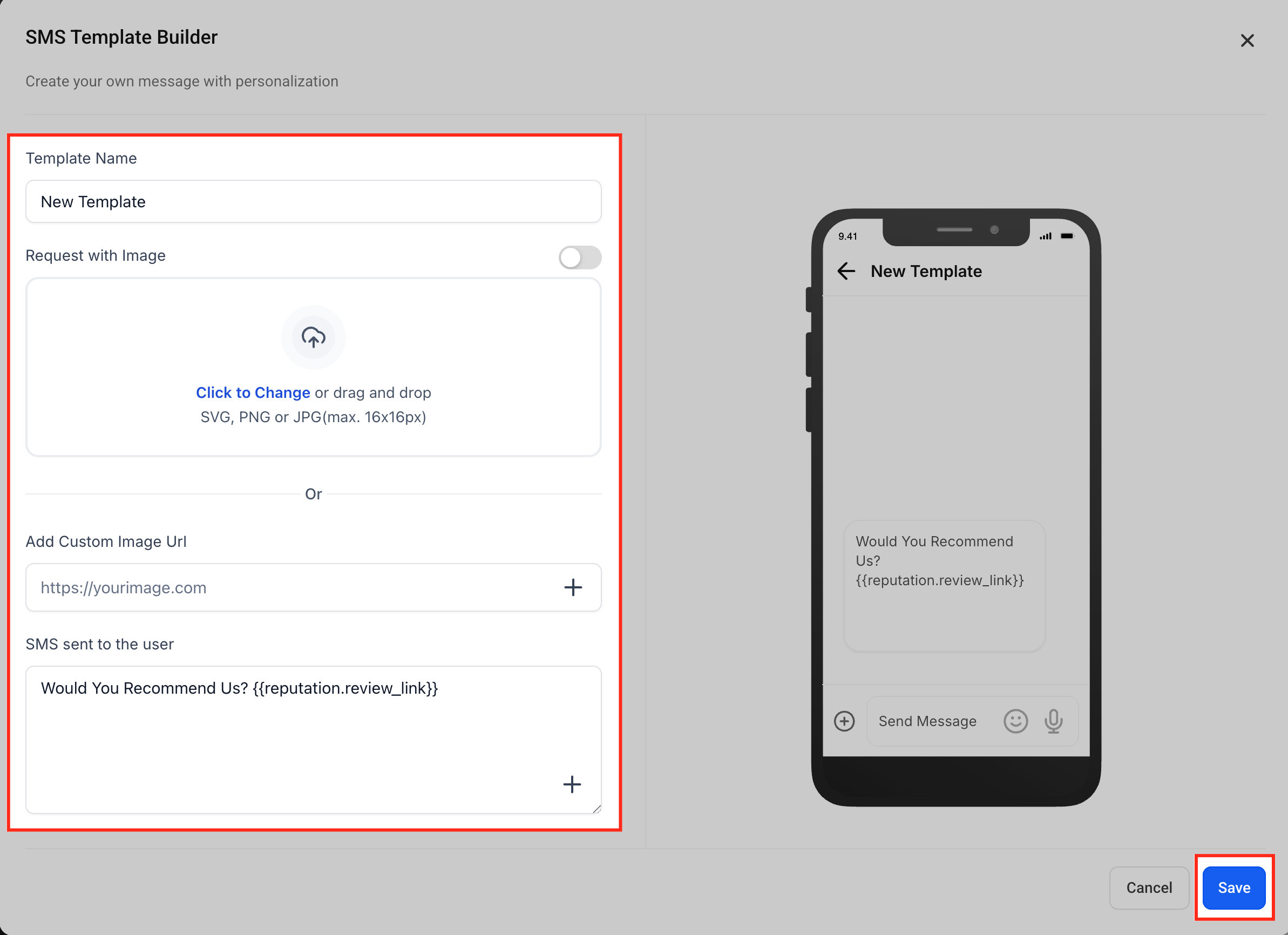 Customize SMS Template Screenshot of GoHighLevel SMS Template builder with fields for template name, optional image, message content, and live phone preview.