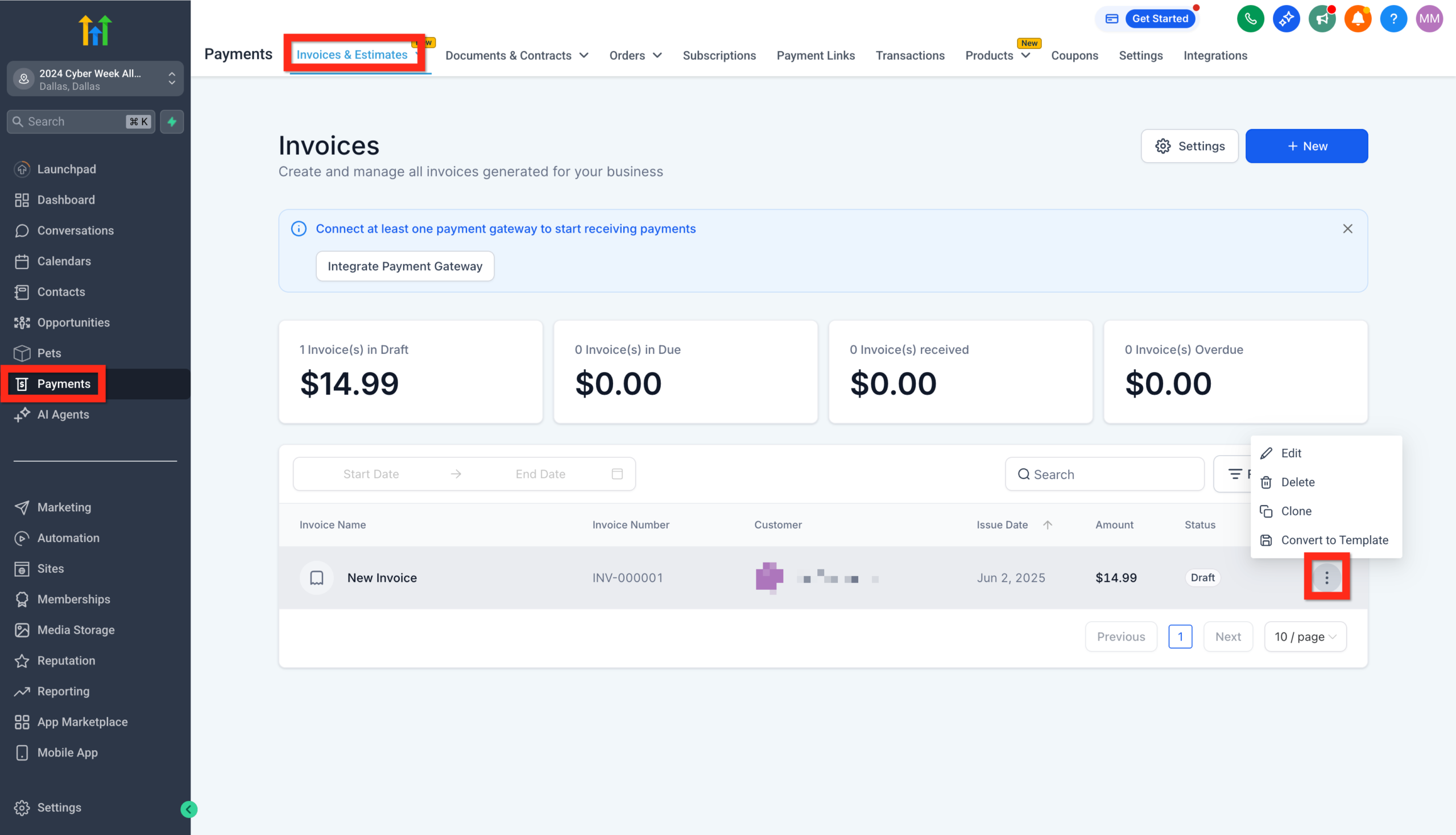 GoHighLevel Invoice List Status Screenshot of the GoHighLevel Invoices & Estimates list, showing various invoices with their statuses like Draft, Sent, and Paid.