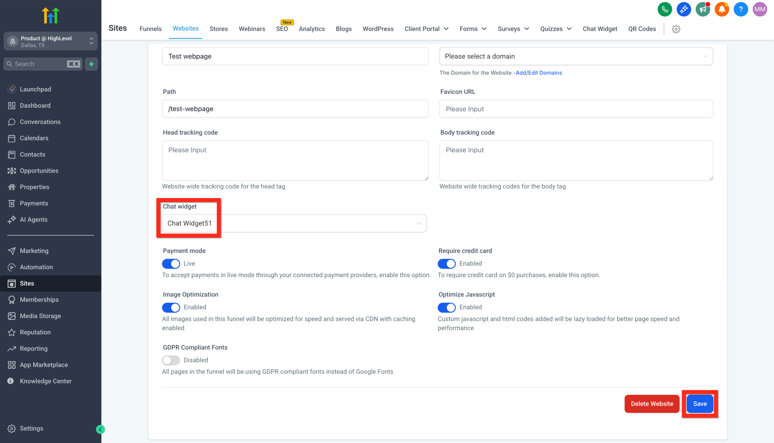 Screenshot of GoHighLevel website settings, showing the 'Save' button after a live chat widget has been selected for deployment.