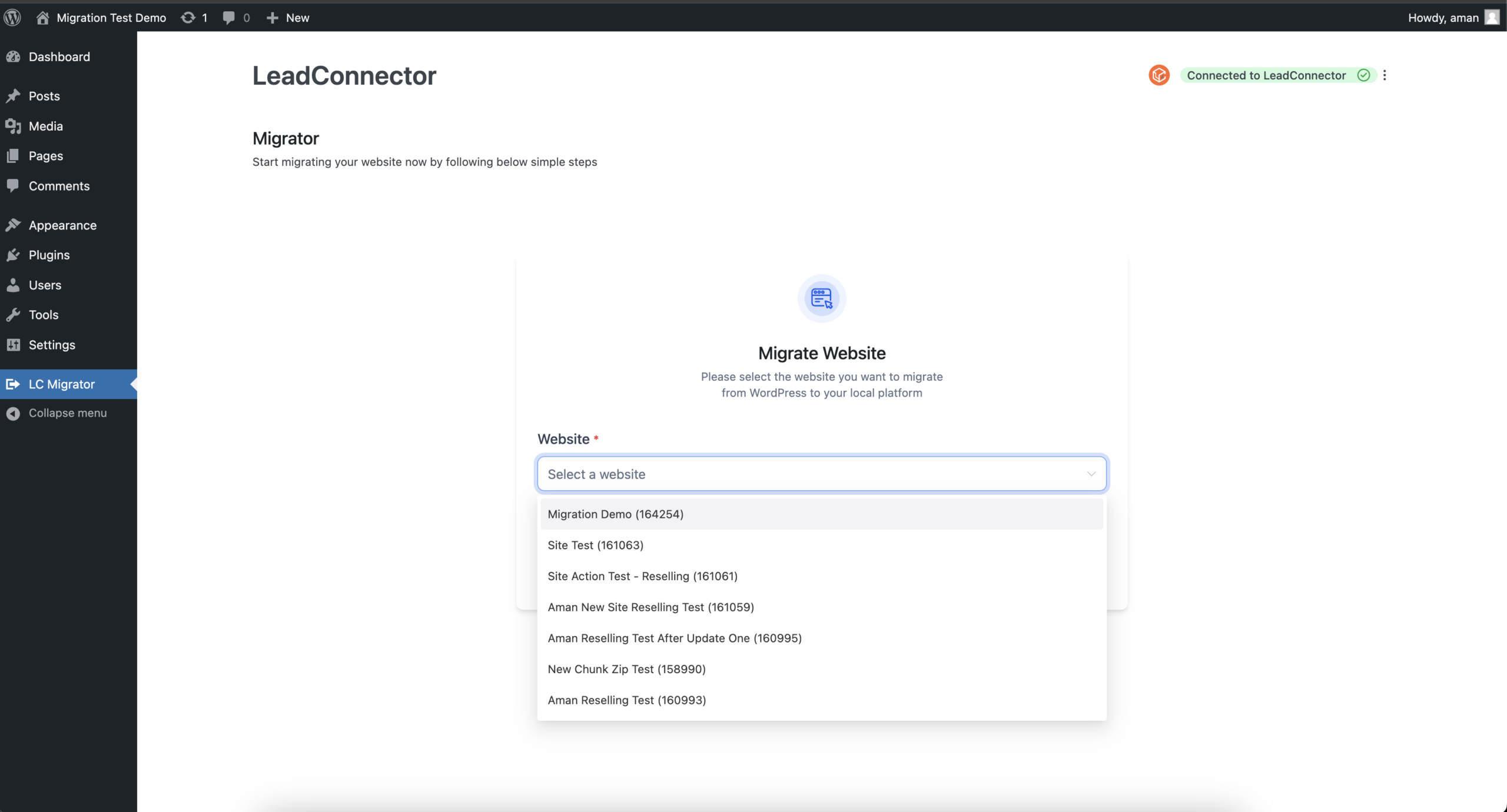 Select Destination Website Screenshot of the LC Migrator plugin showing a dropdown menu to select the target website for migration.