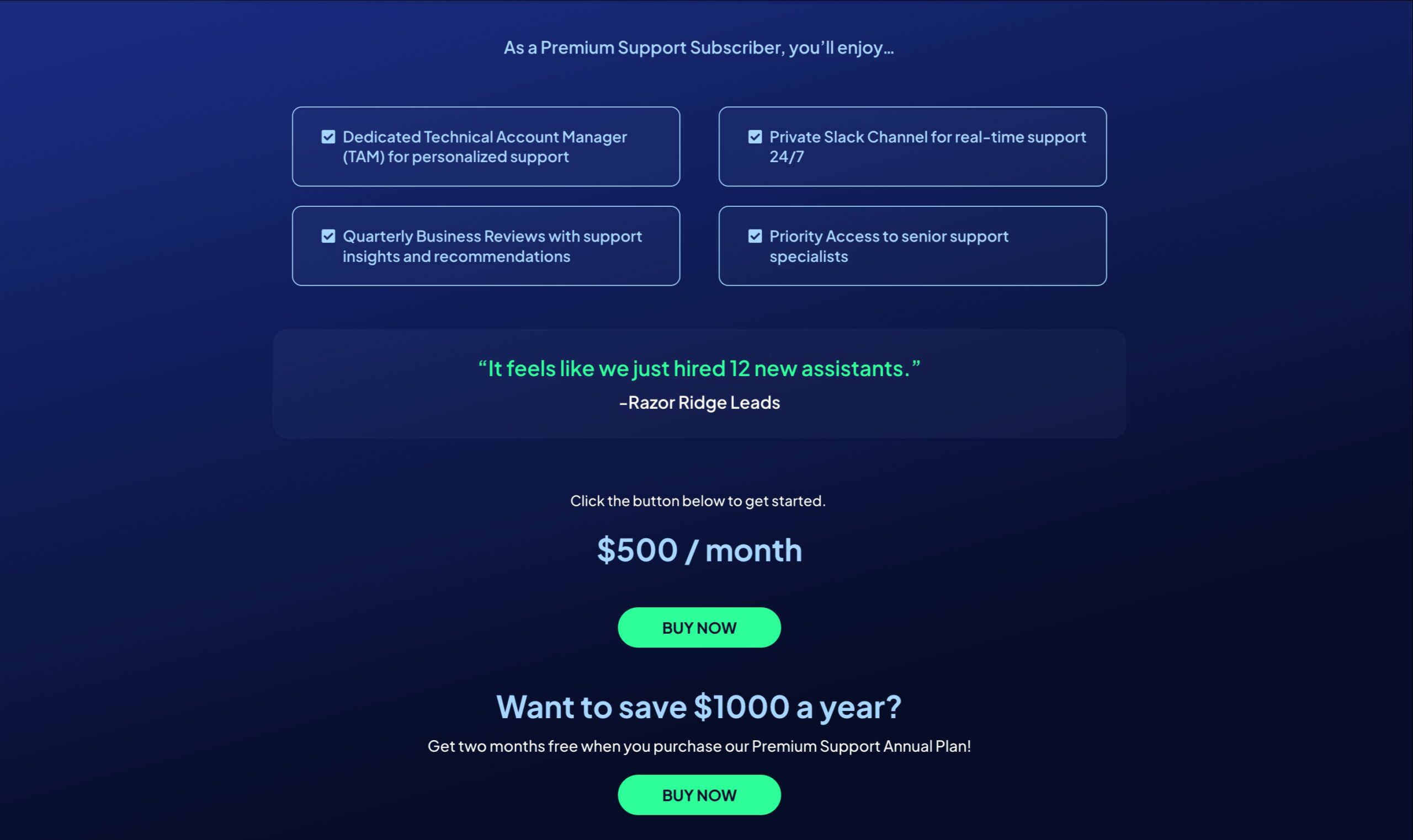 Select Premium Support Plan Screenshot displaying the Premium Support plan selection interface, showing options for monthly ($500/month) and annual billing, with the annual plan offering savings.