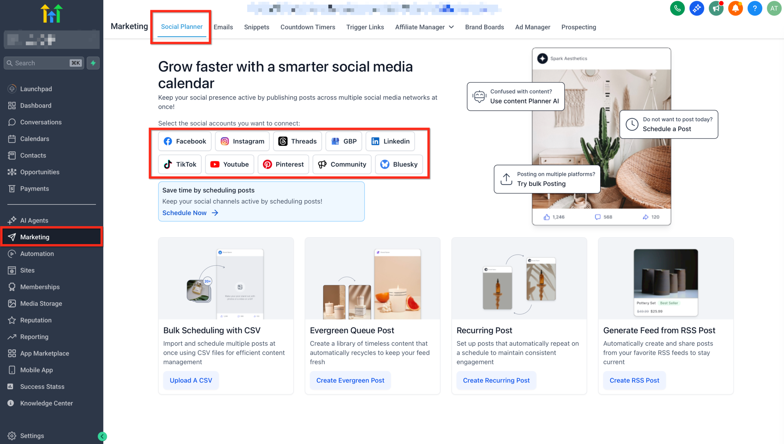 Connecting social accounts in Social Planner, highlighting the Facebook connection button.