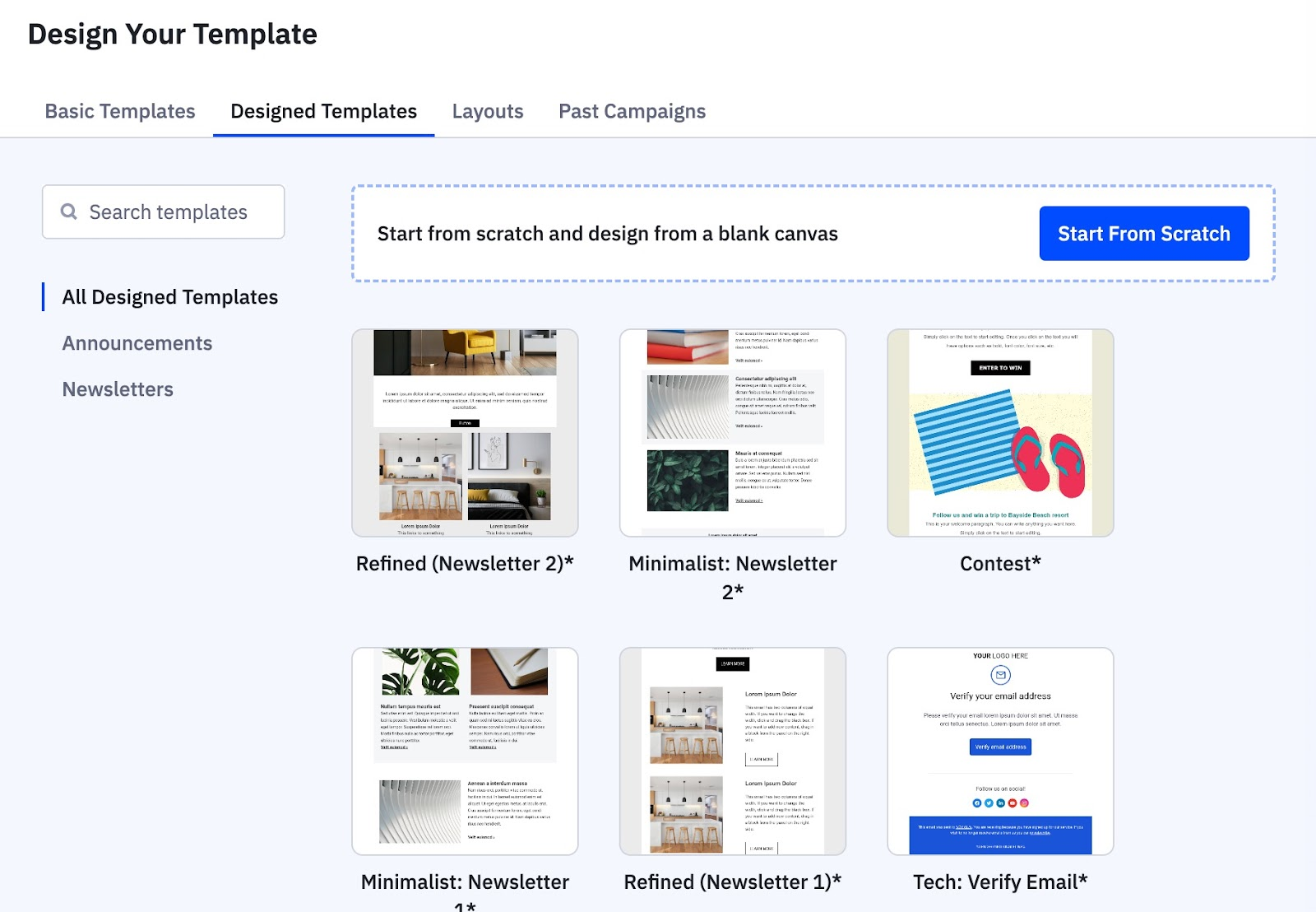 Screenshot of the GoHighLevel email template editor, showing various design elements and content blocks for customizing emails.