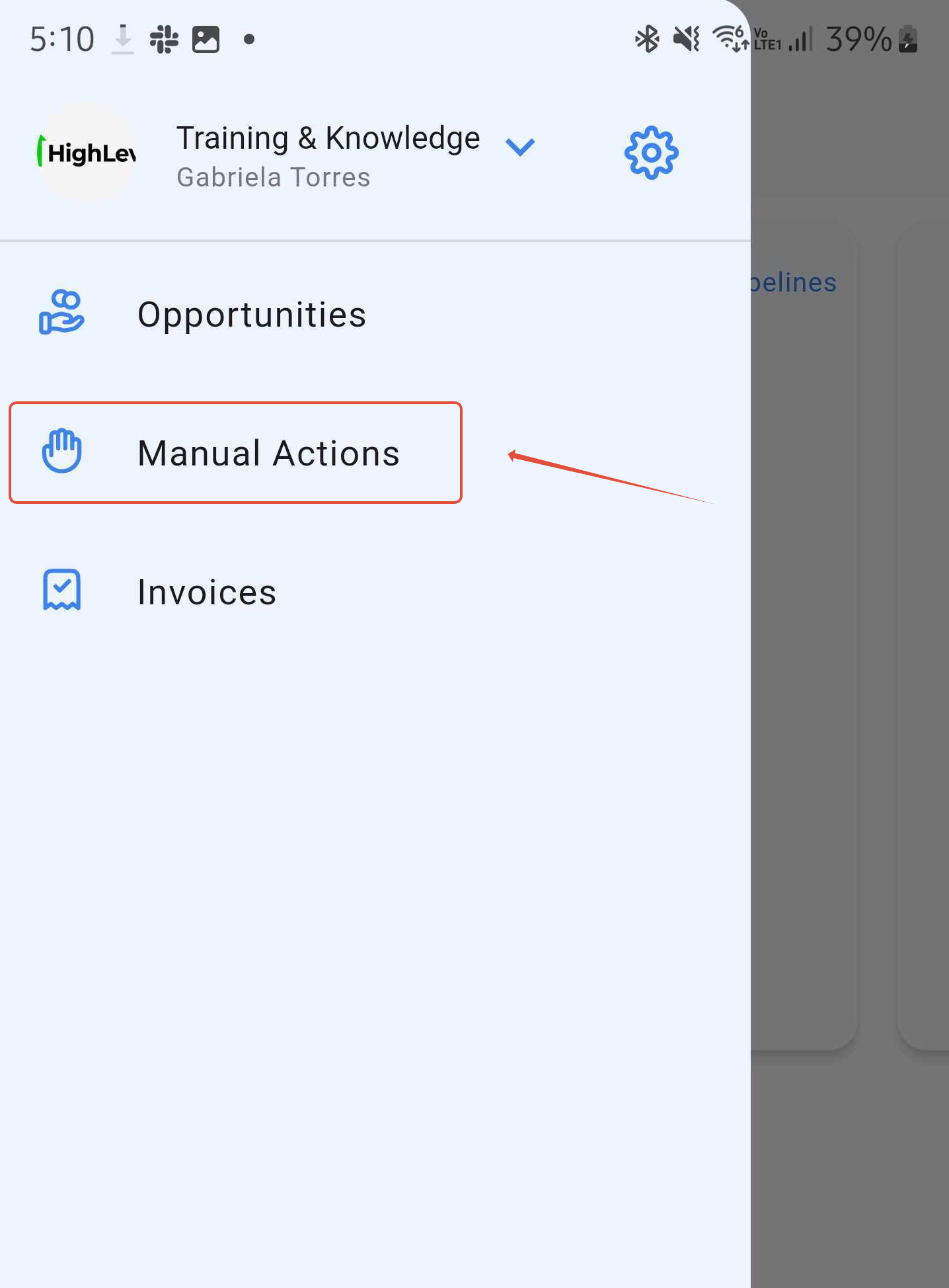 Screenshot of the GoHighLevel mobile app menu with 'Manual Actions' highlighted.