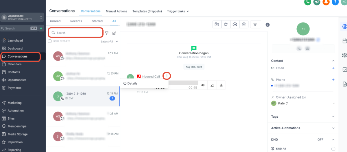 Screenshot showing how to find call details in GoHighLevel Conversations by clicking the three dots on an inbound call.