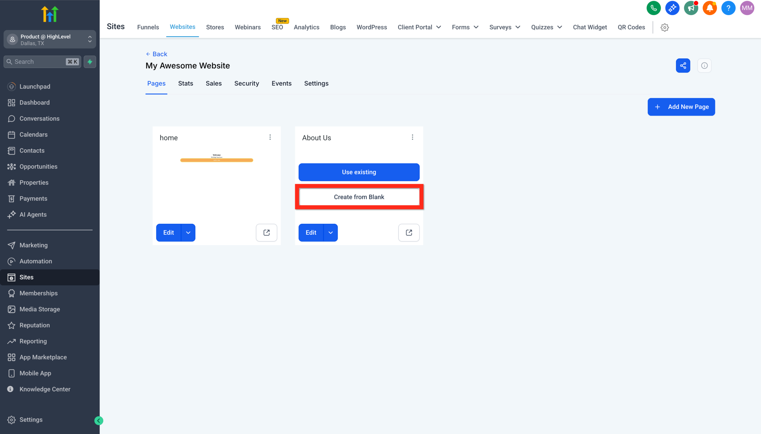 GoHighLevel page creation options, highlighting the 'Create From Blank' button for a new page.