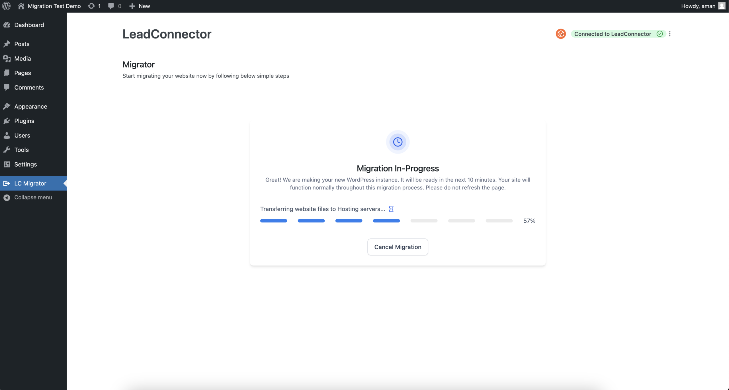 Initiate Migration Screenshot of the LC Migrator plugin interface displaying the 'Start Migration' button and real-time progress updates during the migration process.