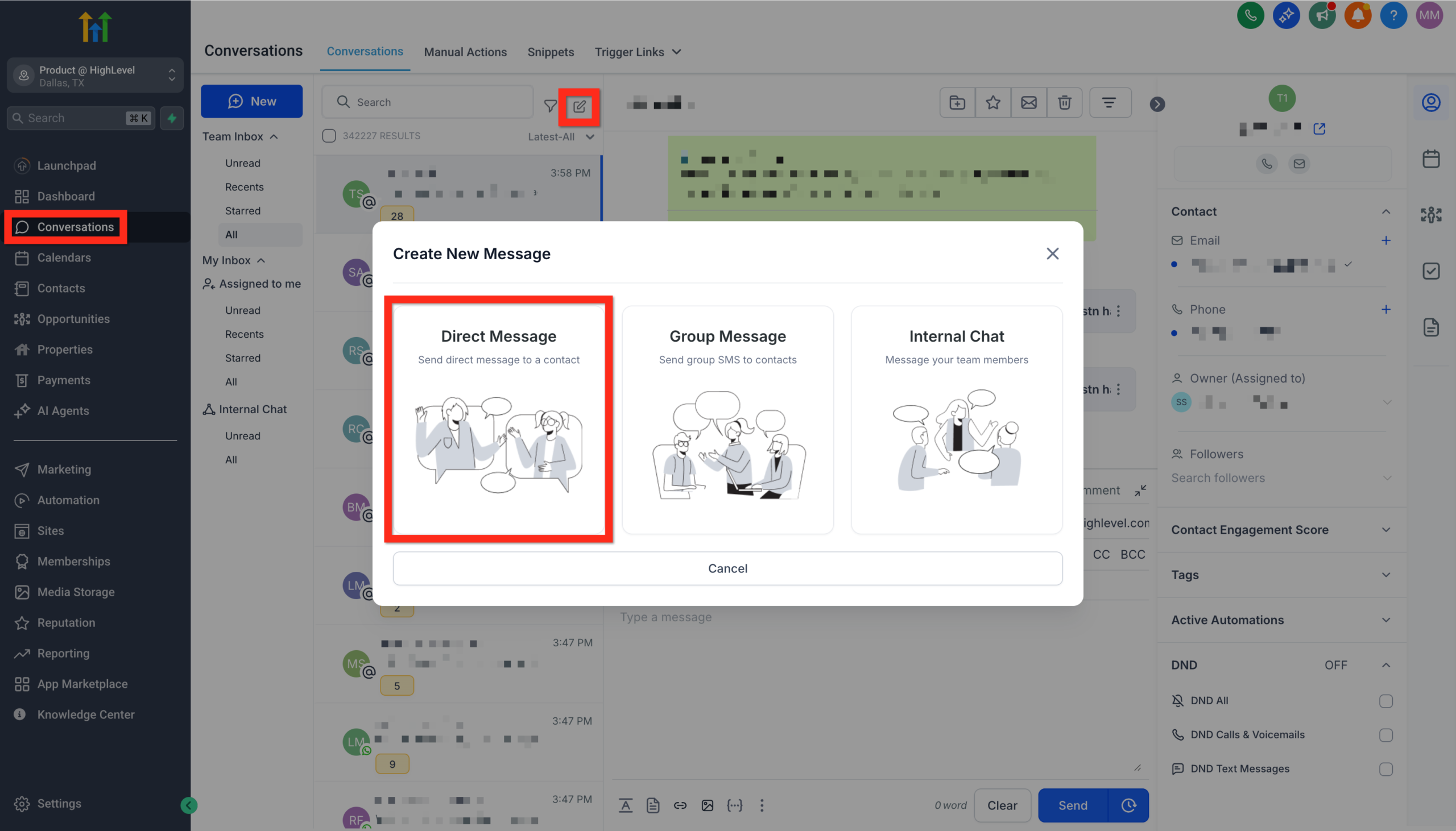 GoHighLevel Conversations page with the New Message popup open, showing Direct Message selected as the message type.