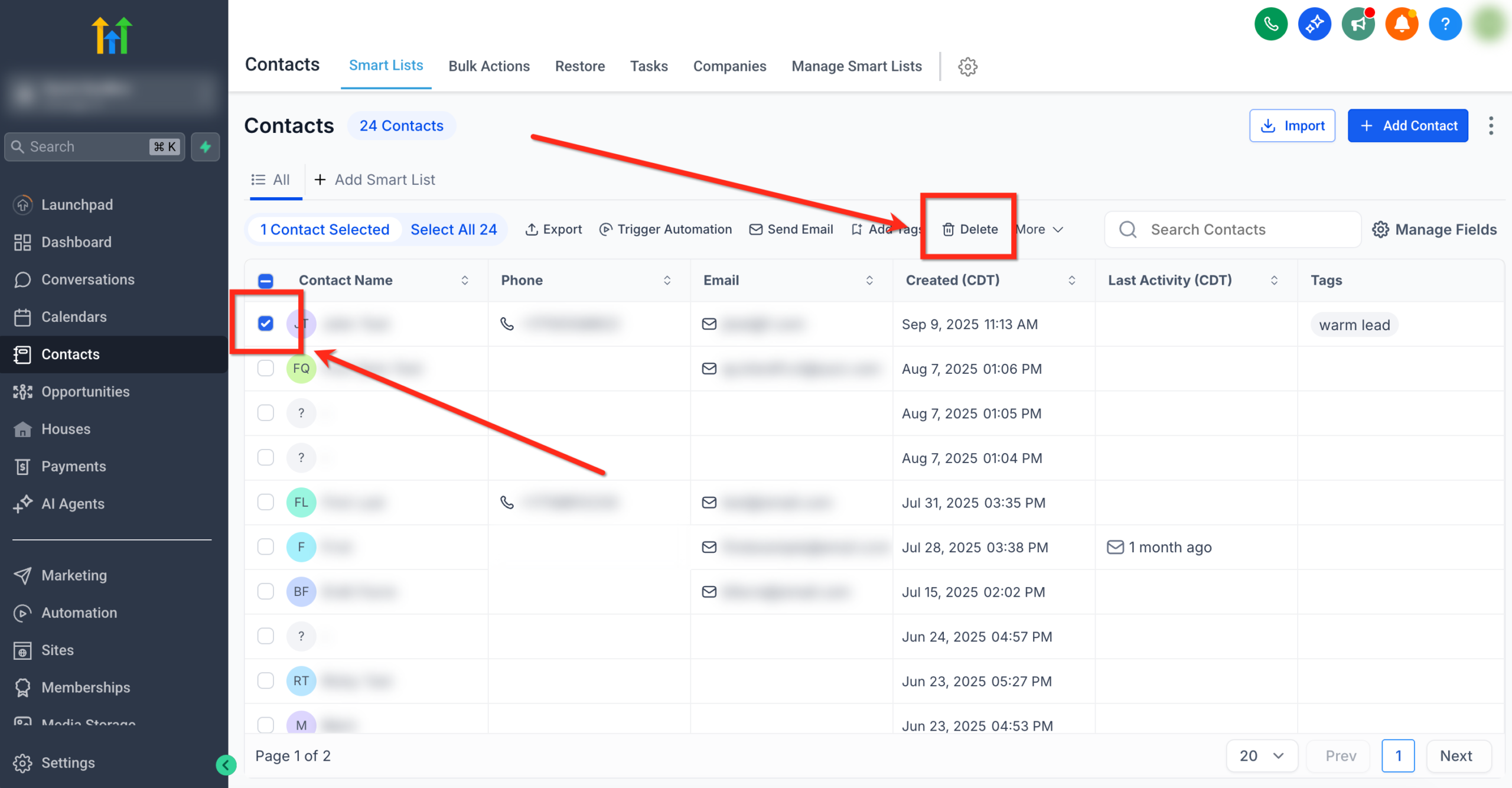 Screenshot demonstrating selecting a contact and clicking the Delete button