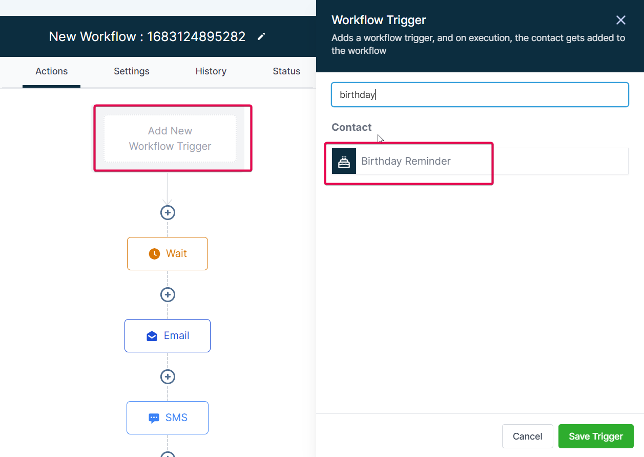 Screenshot of the GoHighLevel workflow trigger selection menu, highlighting the 'Birthday Reminder' option.