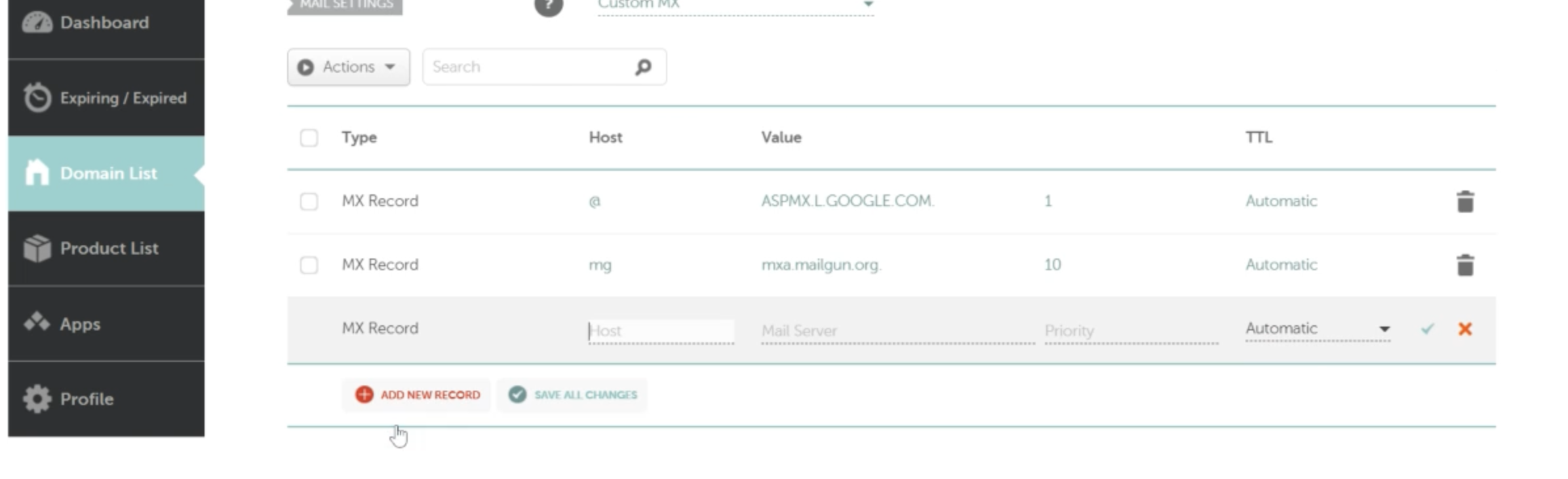 Namecheap First Mailgun MX Screenshot of Namecheap DNS entry fields with the first Mailgun MX record details
