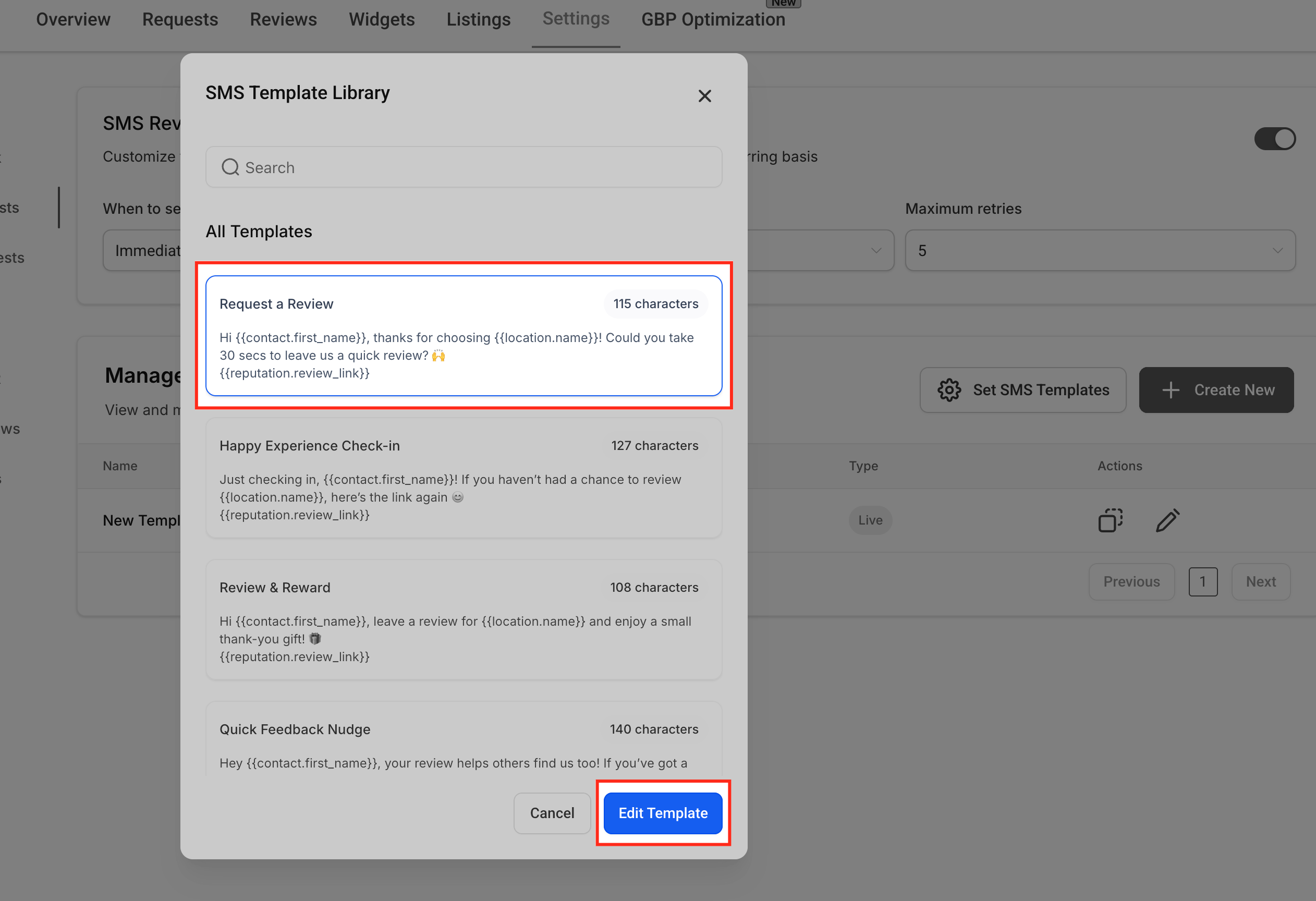 Pre-built SMS Templates Screenshot of GoHighLevel SMS Template Library showing various pre-built templates like 'Request a Review' with character counts.