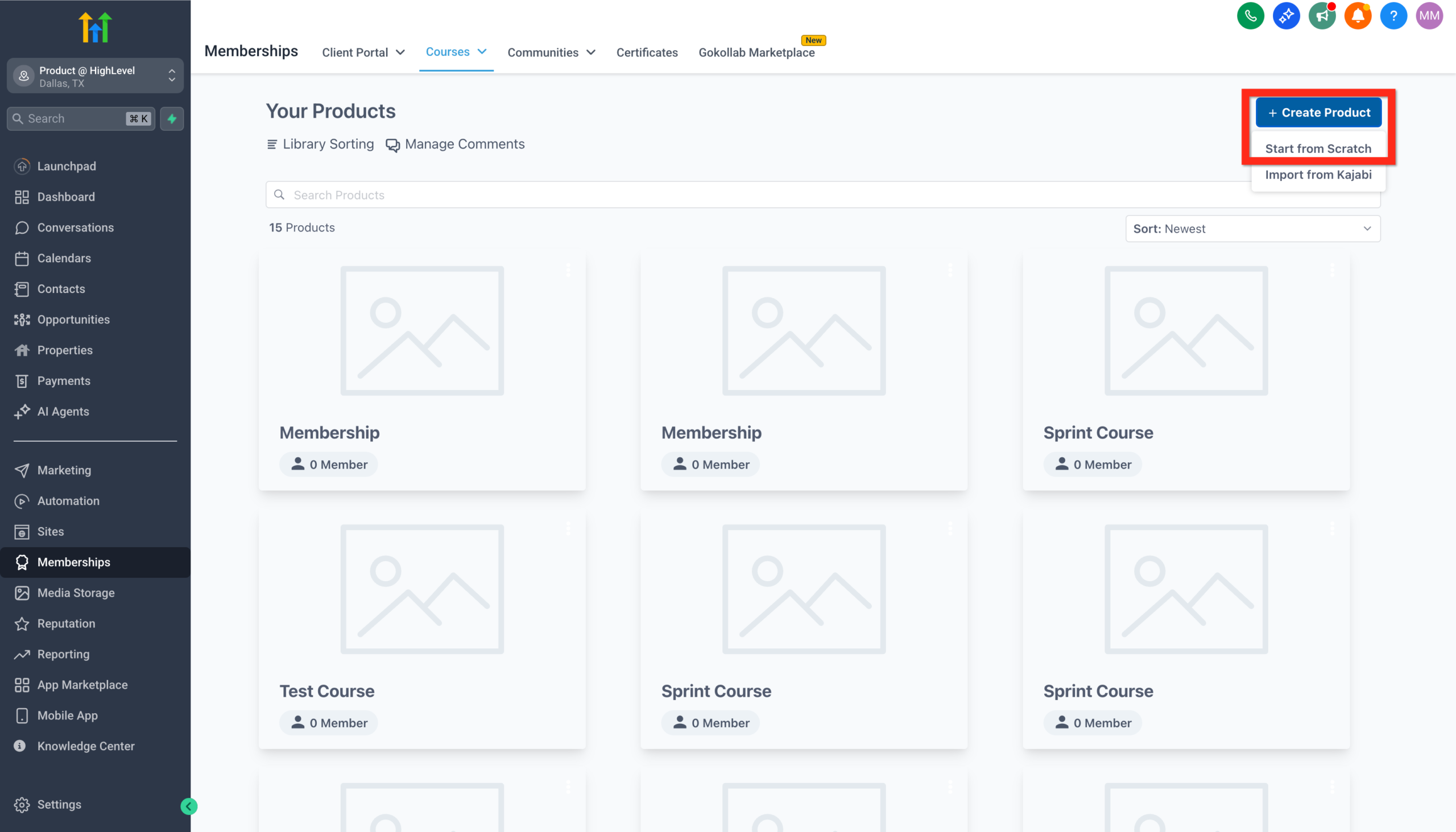 Screenshot showing the 'Create Product' button and 'Start from Scratch' option in GoHighLevel