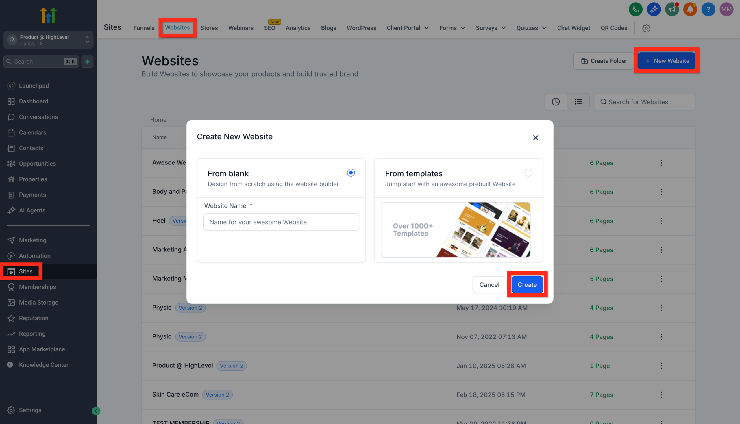 GoHighLevel Template Selection