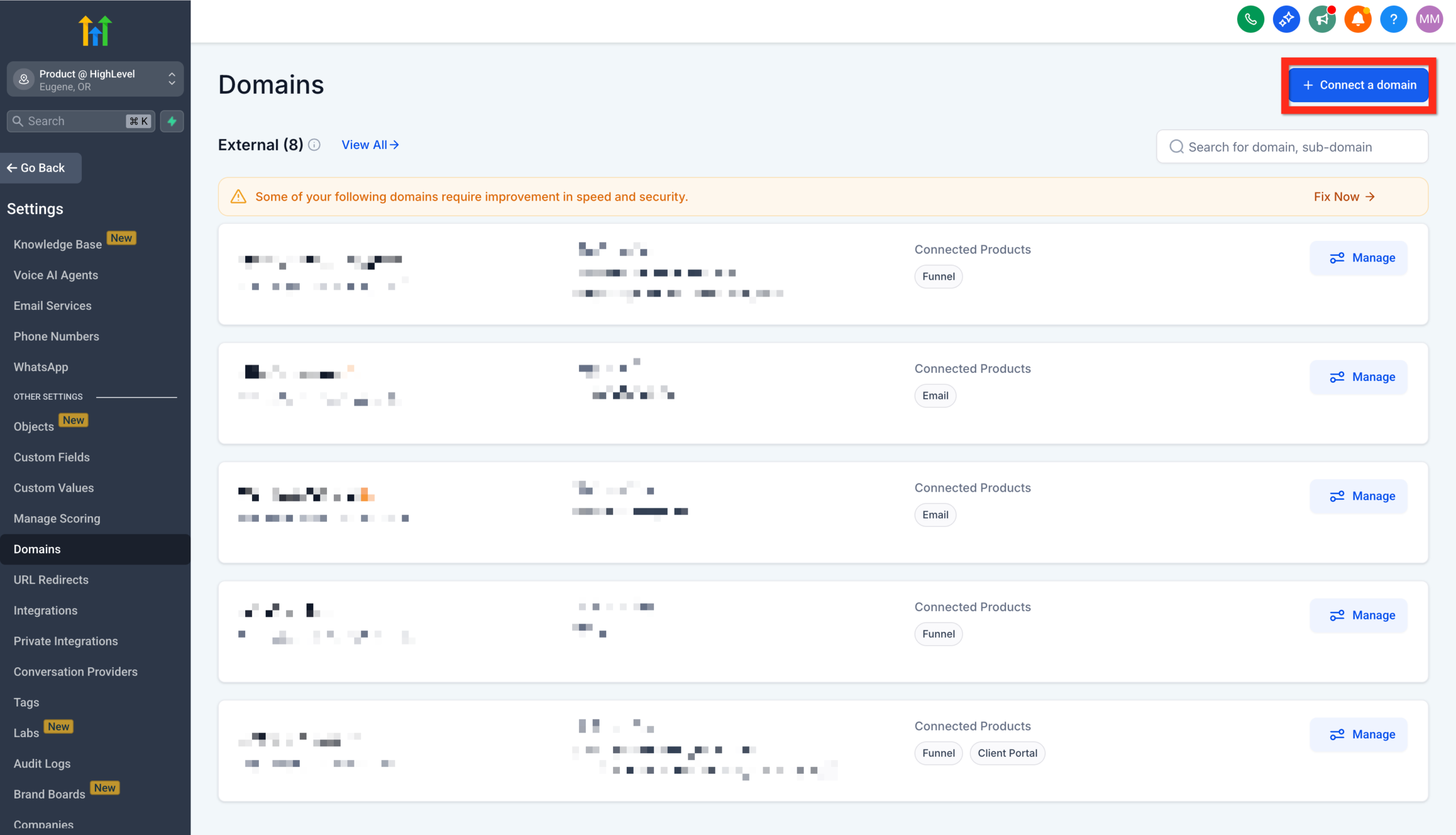 Screenshot showing the 'Connect a Domain' button in <a href=