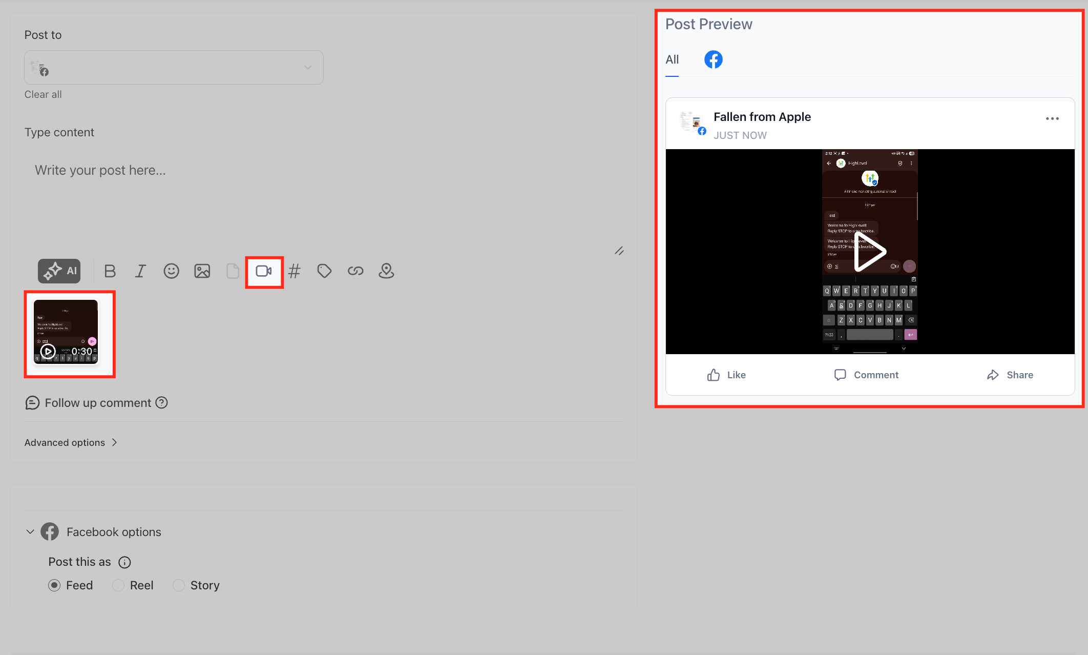 Media upload interface within the Social Planner, showing options to add images or videos to a post.