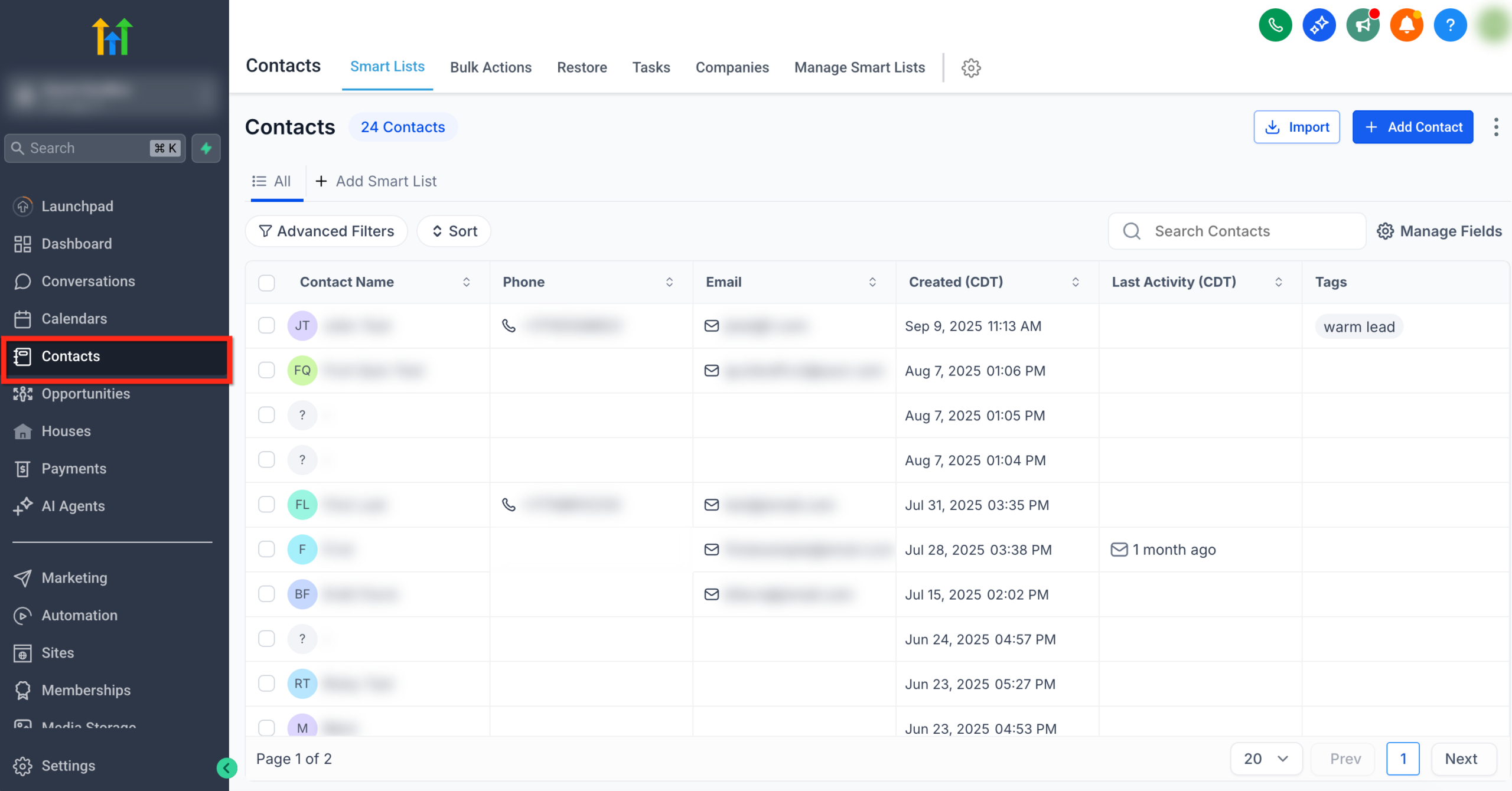 Screenshot of the Contacts tab in the <a href=