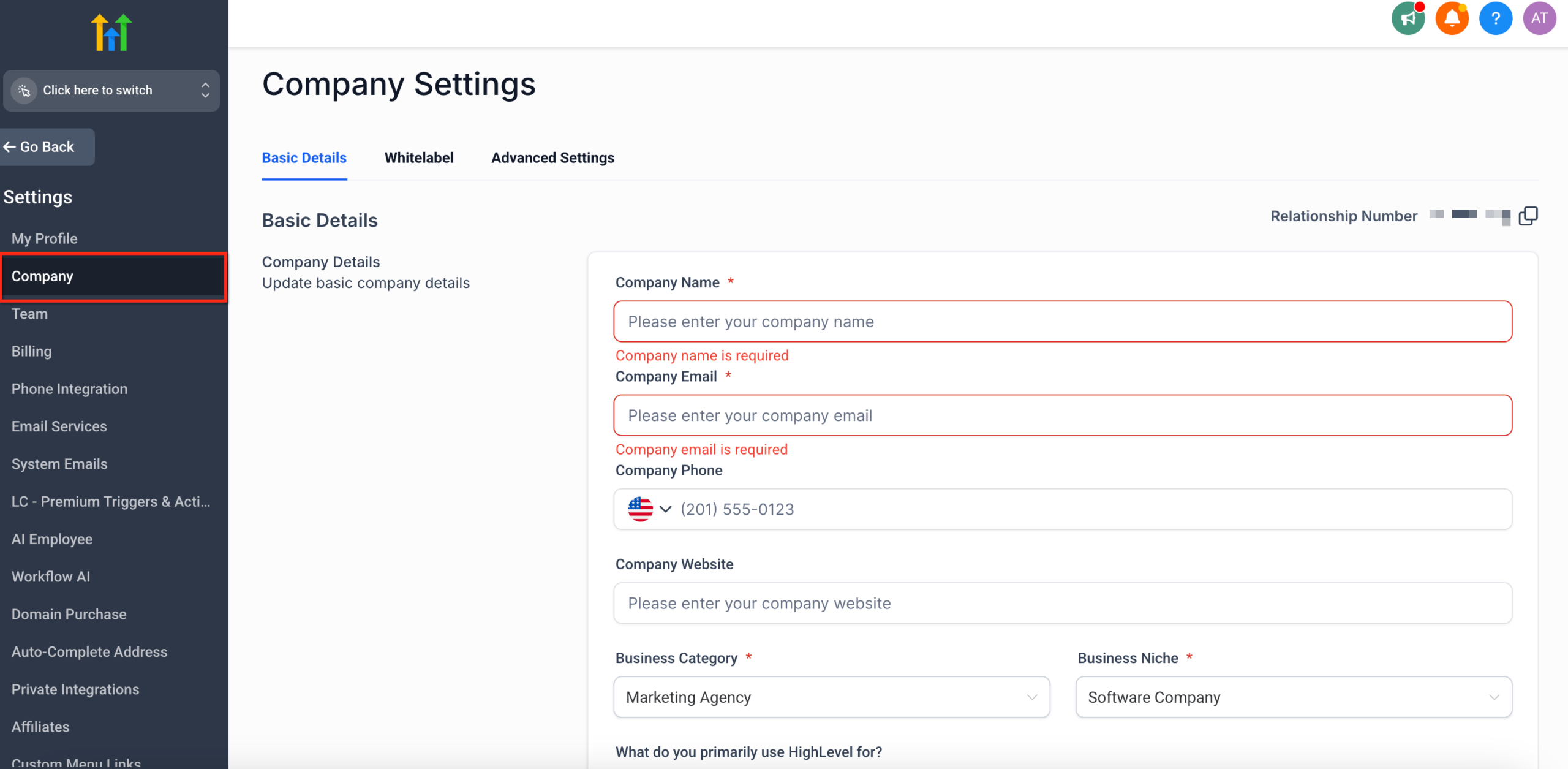 Accessing Agency Company Settings Screenshot showing the GoHighLevel Agency View with the Settings gear icon highlighted in the bottom left, and the Company tab selected at the top.