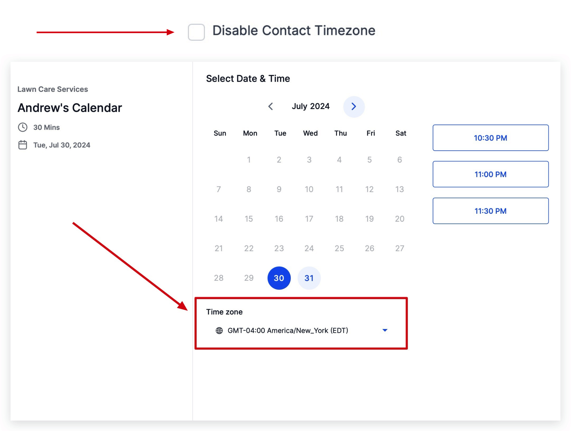Calendar with Contact Timezone Enabled Screenshot of a GoHighLevel calendar widget with the contact timezone feature enabled, clearly showing the timezone selection dropdown.