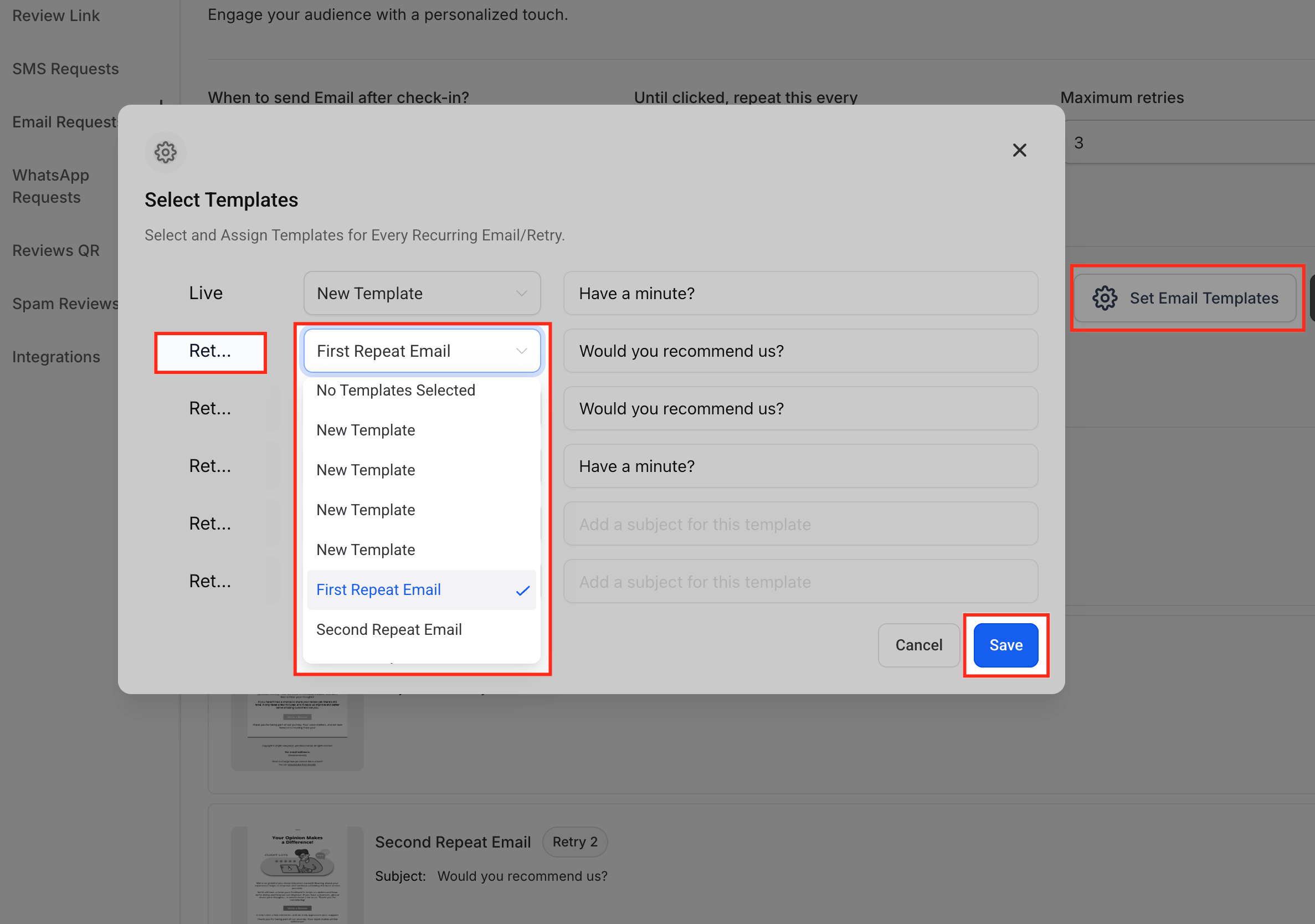 Assign Email Sequence Screenshot of GoHighLevel 'Set Email Templates' interface for assigning Live and Retry email templates to a sequence with subject line fields.