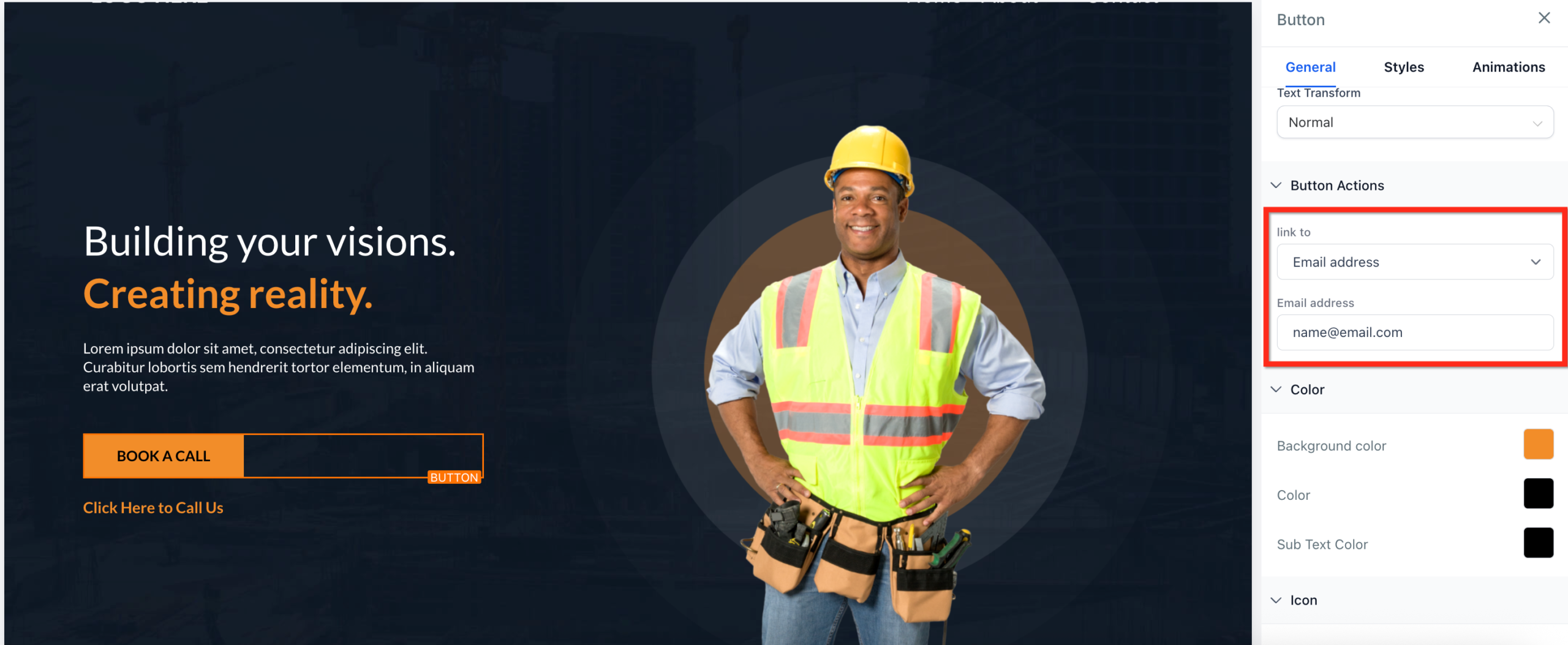 Add Click-to-Email Button Screenshot displaying the GoHighLevel button configuration, showing the 'Link to Email' selection and the field for entering the email address.