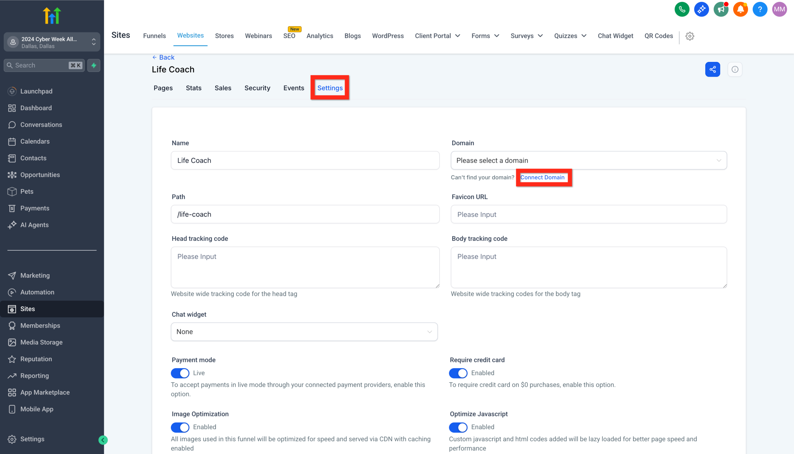 Connect Domain Button