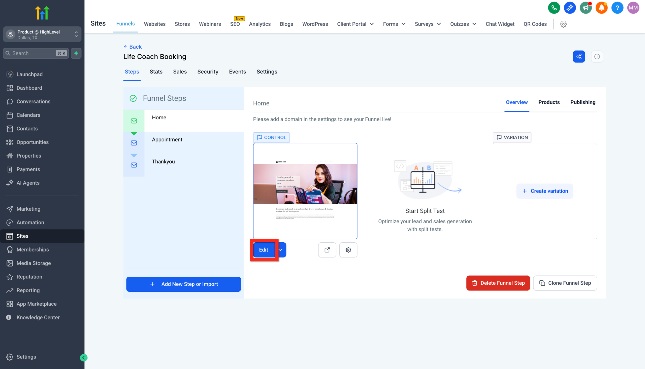 Screenshot of the GoHighLevel Funnel Builder, showing the 'Edit Page' button to access the Site Editor for customizing a funnel page.