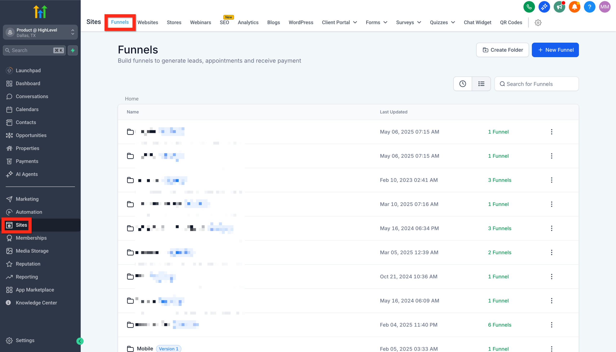 Screenshot of the GoHighLevel dashboard, showing the 'Sites' menu with options for 'Websites', 'Funnels', and 'Store' to make products available.
