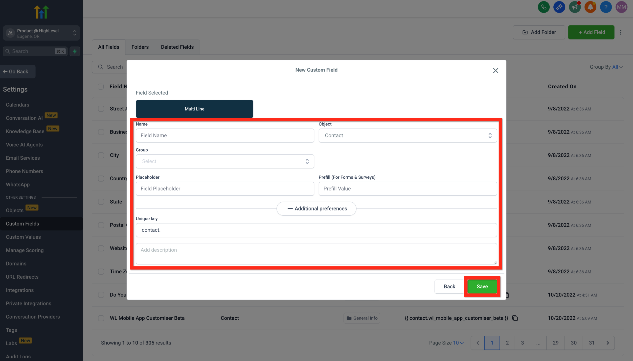 Screenshot of the custom field details configuration in <a href=