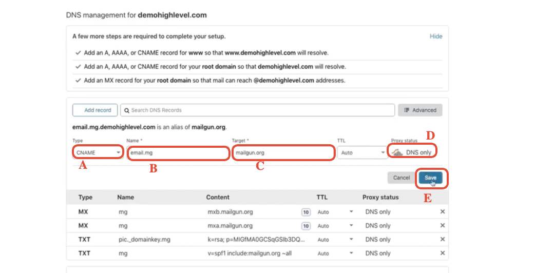 Cloudflare Add DNS Record form, ready to select CNAME type