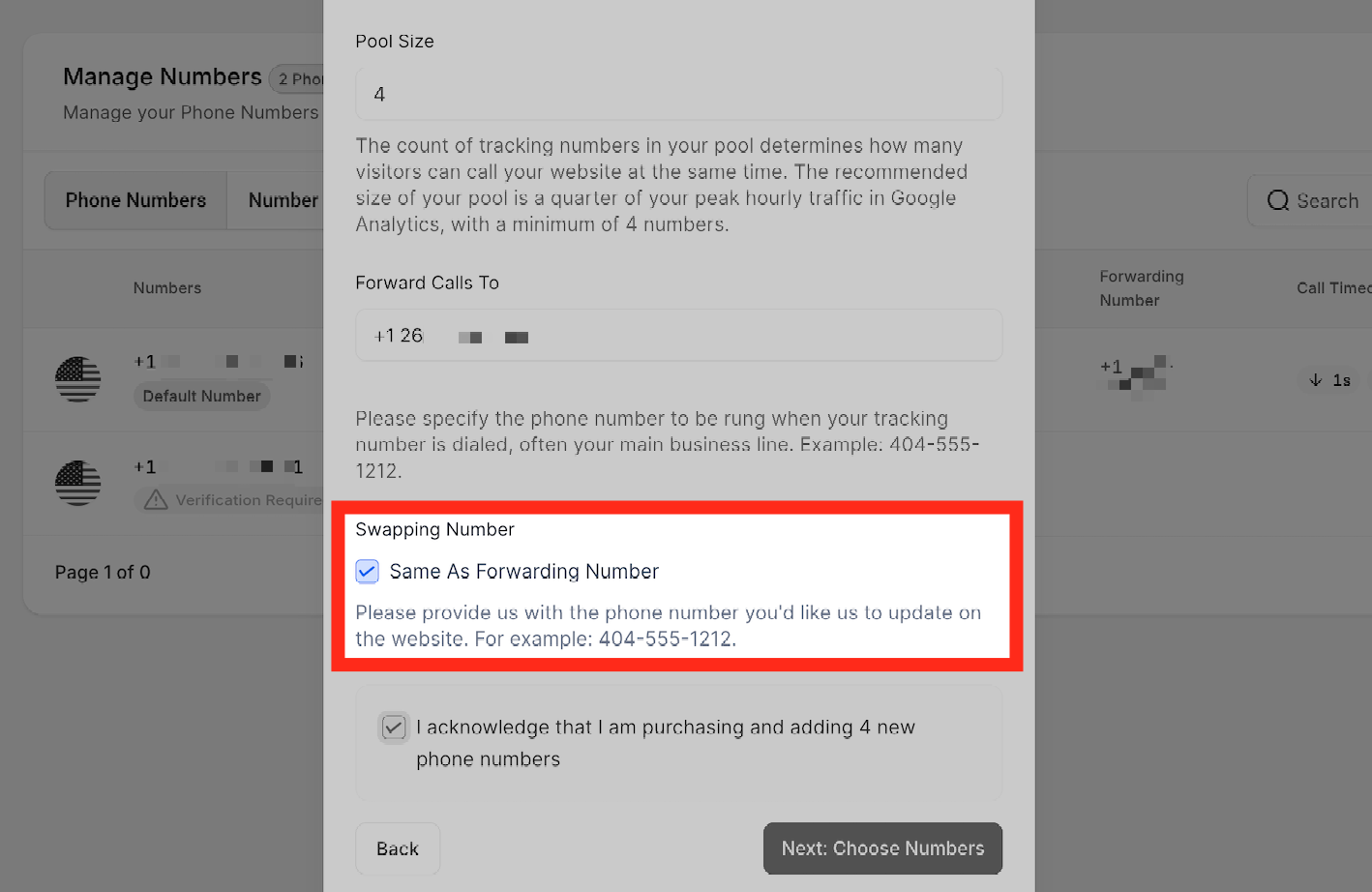 Swapping Number Configuring the swapping number for the call tracking pool
