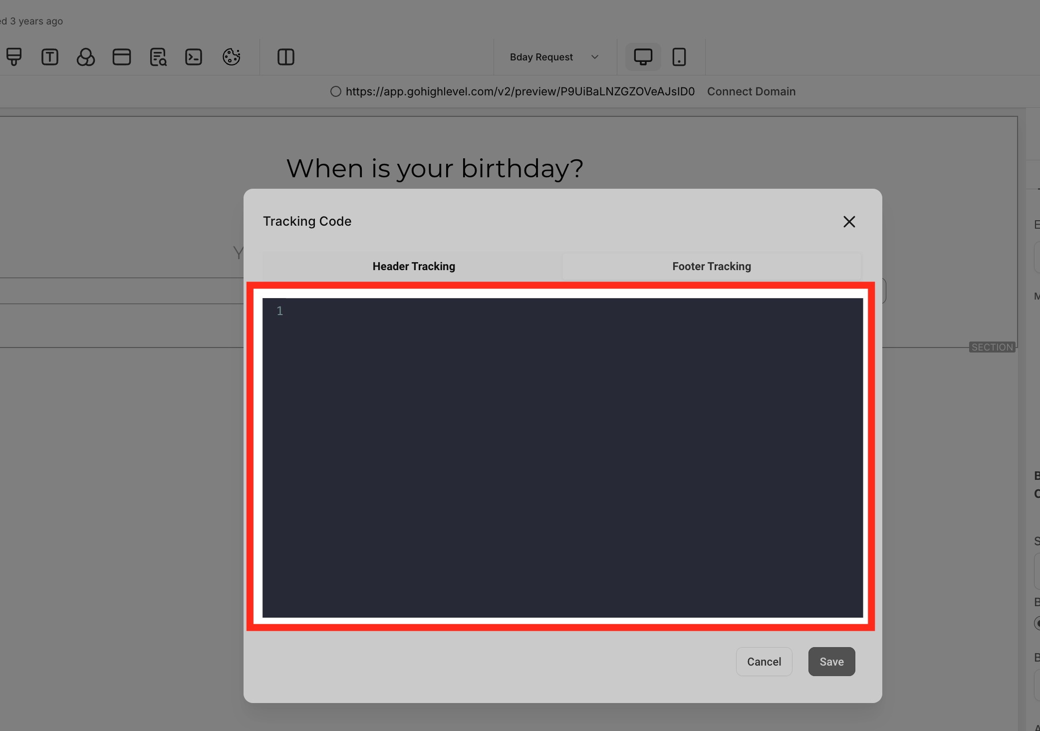 Paste Snippet in Footer Pasting the number pool snippet into the footer tracking code editor