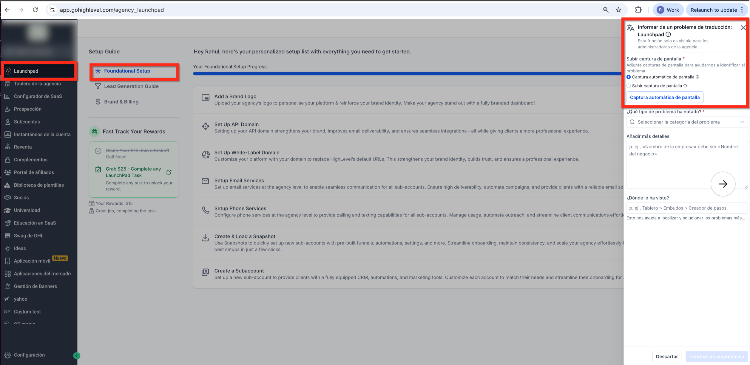 HighLevel Help & Support Menu Screenshot showing the Help & Support icon and 'Raise Ticket' option in HighLevel's top-right corner
