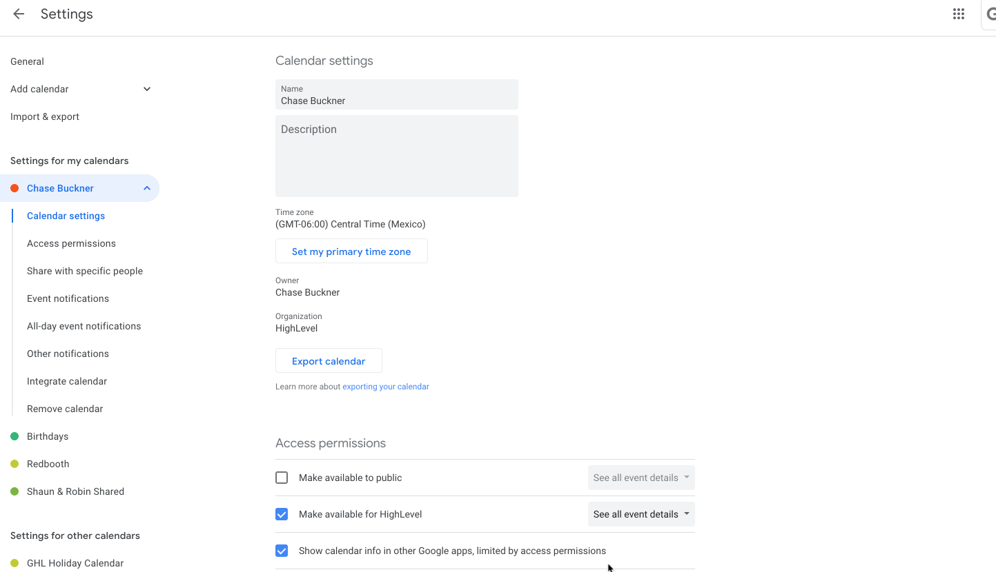 Sharing Google Calendar with Write Access Animated GIF showing how to add a person to Google Calendar sharing settings, enter their email, and set permissions to 'Make changes to events' before saving.