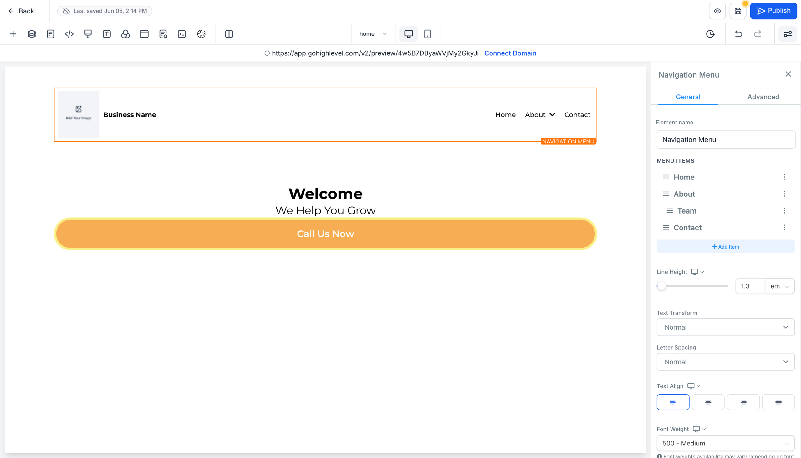 GoHighLevel website builder showing a 1-column row added within a new top section, with the 'Navigation Menu' element being dragged into it.