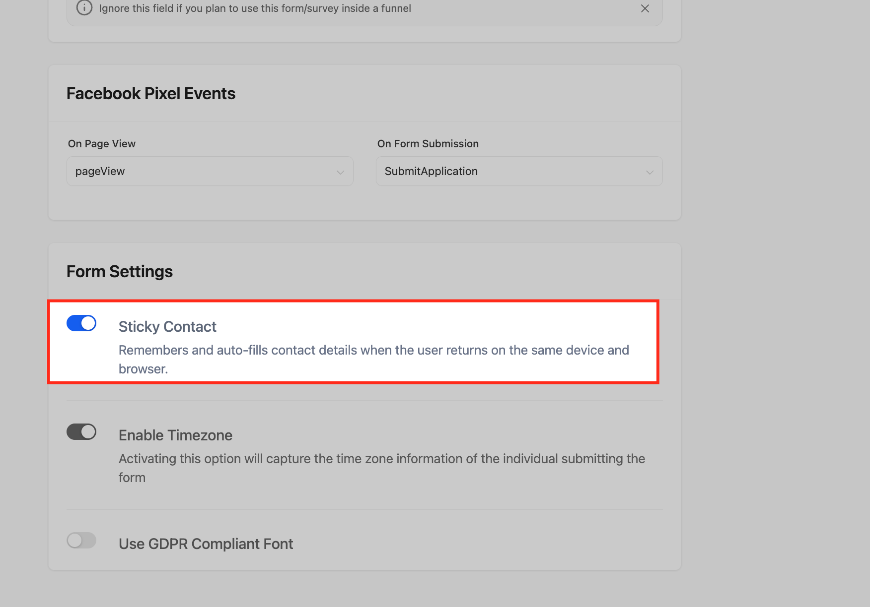 GoHighLevel Form Settings showing the Sticky Contact toggle enabled and Save button